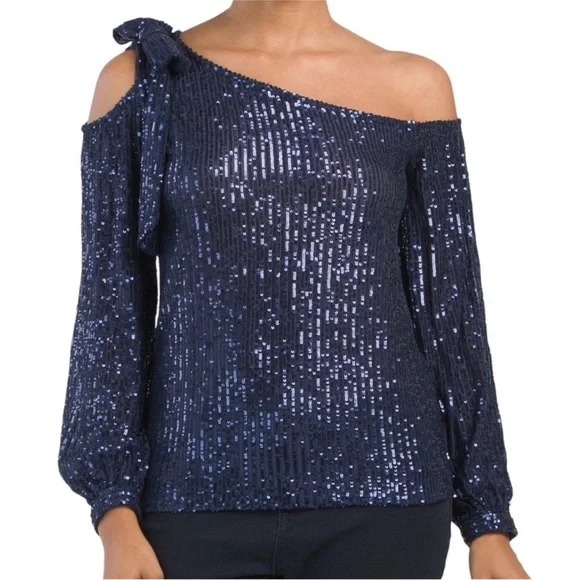 CeCe glamorous bows Navy Sequin Off-Shoulder cold Blouse sequence bling NWT Sz M - Picture 4 of 15